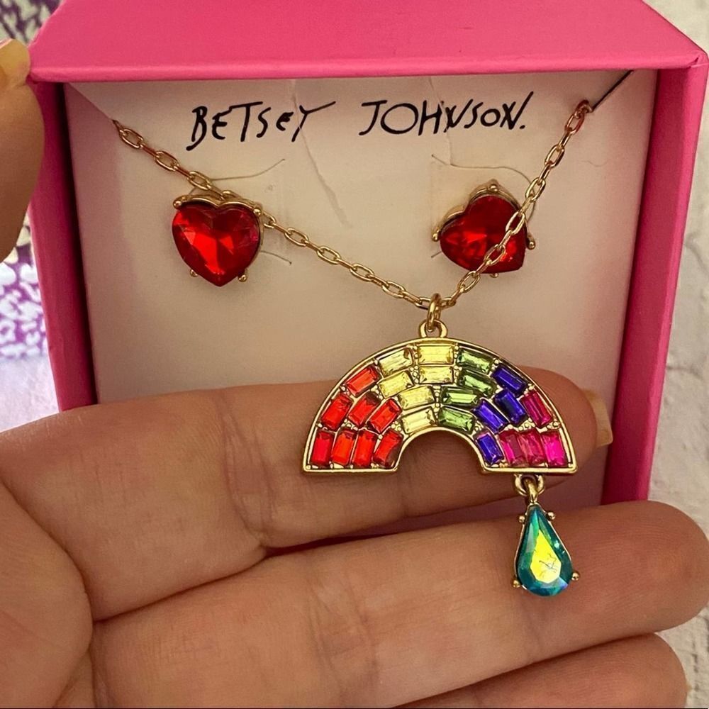 Betsy Johnson Rainbow Necklace Red Heart Earrings Set
